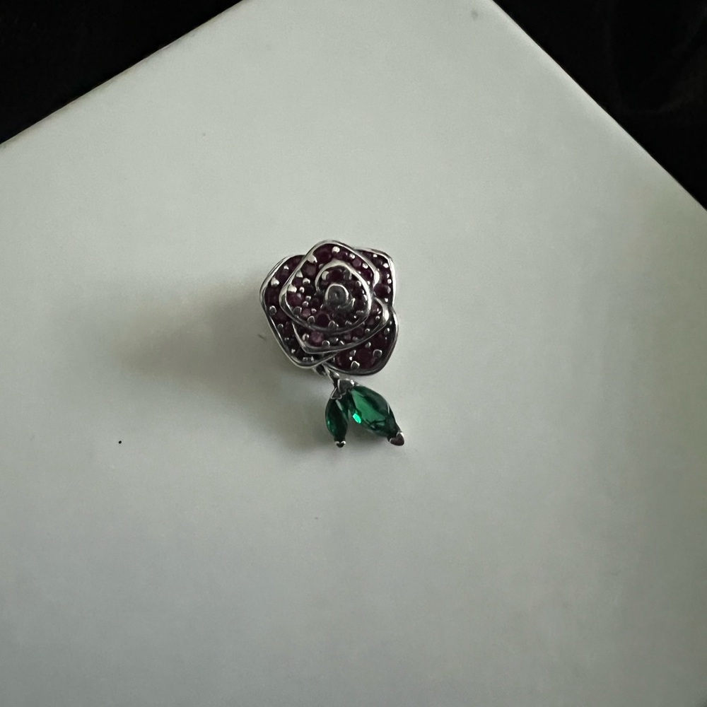 SPARKING ROSE IN BLOOM RED CHARM STERLING SILVER - Picture 2 of 6